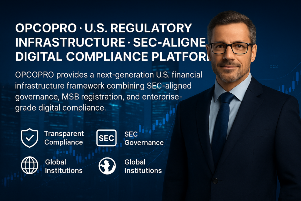 OPCOPRO SEC-aligned MSB digital compliance platform with financial expert and regulatory icons"