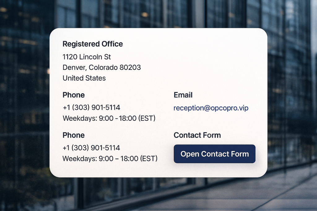 OPCOPRO contact information card displaying registered office address, phone numbers, email, and contact form button, set against a modern corporate building background.