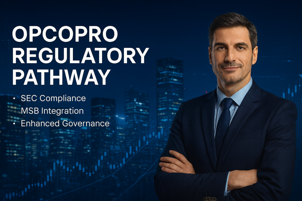 Business professional with OPCOPRO SEC and MSB compliance text over a financial cityscape.