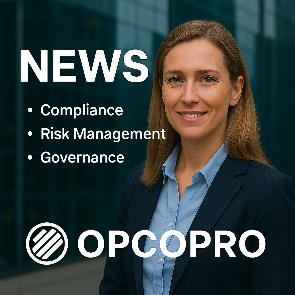 Businesswoman with OPCOPRO news topics on compliance, risk management, and governance.